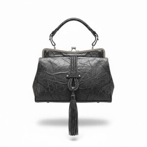 Hype dark grey Distressed Leather Braided Tassel Foldover Frame Satchel Handbag